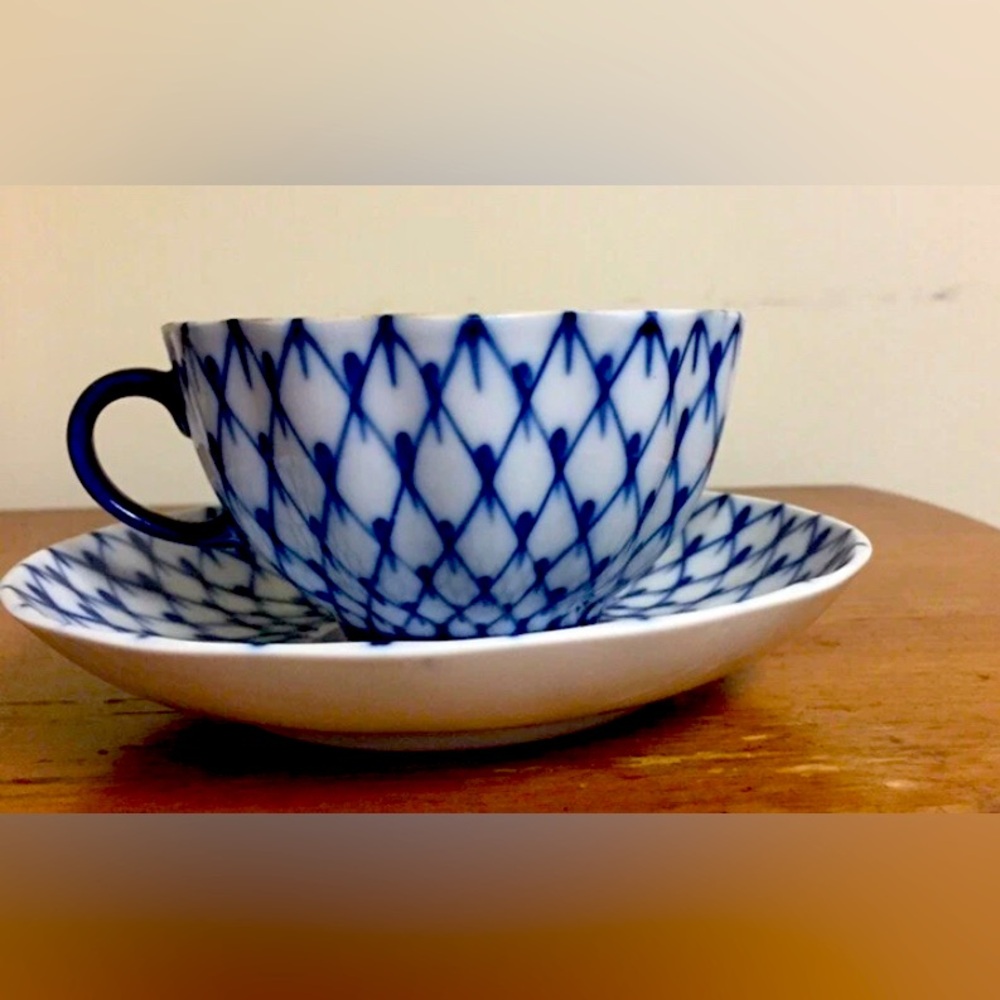 Blue and White Teacup and Saucer Set
